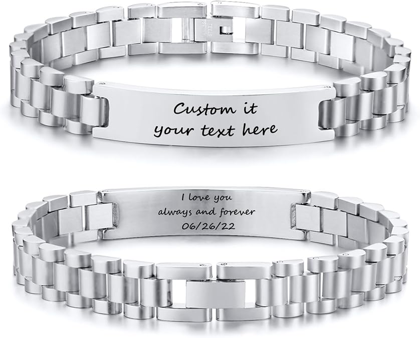 Personalized Engraved Bracelet for Men - Free Engraving Customized Bracelets,Hypoallergenic Stainless Steel Watch Band Link Chain Wristband,Trendy Adjustable Customizable Bracelet Jewelry for Women