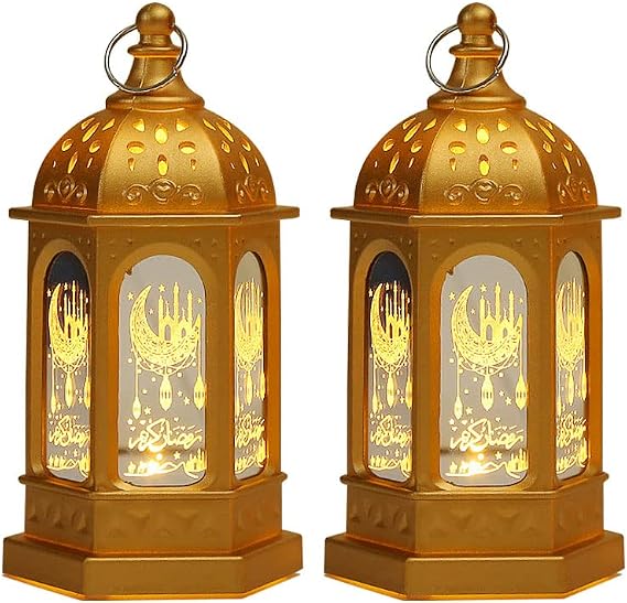 2 Pieces Ramadan Lantern Decoration, Ramadan Candle Lantern, LED Eid Mubarak Lamp, Ramadan Lantern Decor, Hanging Ramadan Lamp, for Home Tabletop Decor Creative Party Supplies (Gold)