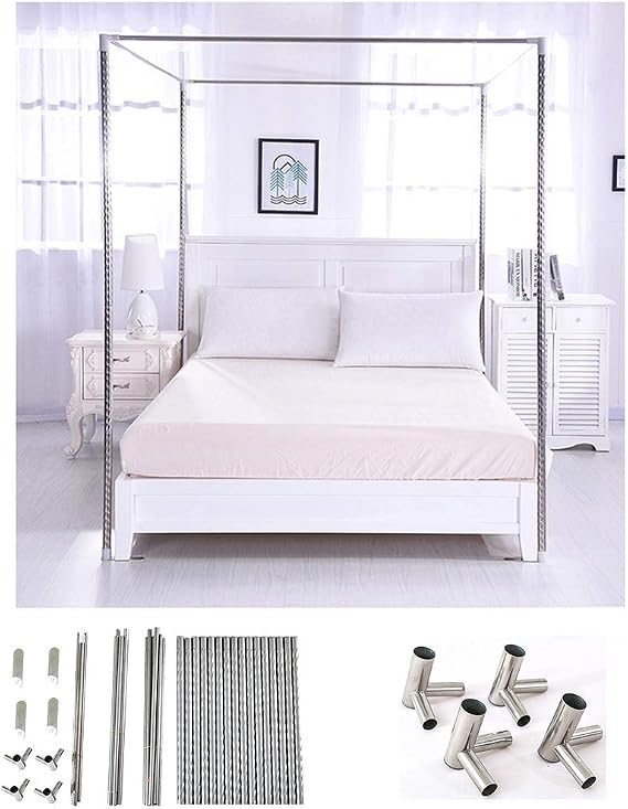 Stainless Steel Bed Canopy Frame, Mosquito Net Bracket, 4 Corners Bed Post, Thicken Spiral Pattern Bed Stand with Metal Tee Connecters, Fit for Different Size Bed,24MM,22.2m Bed