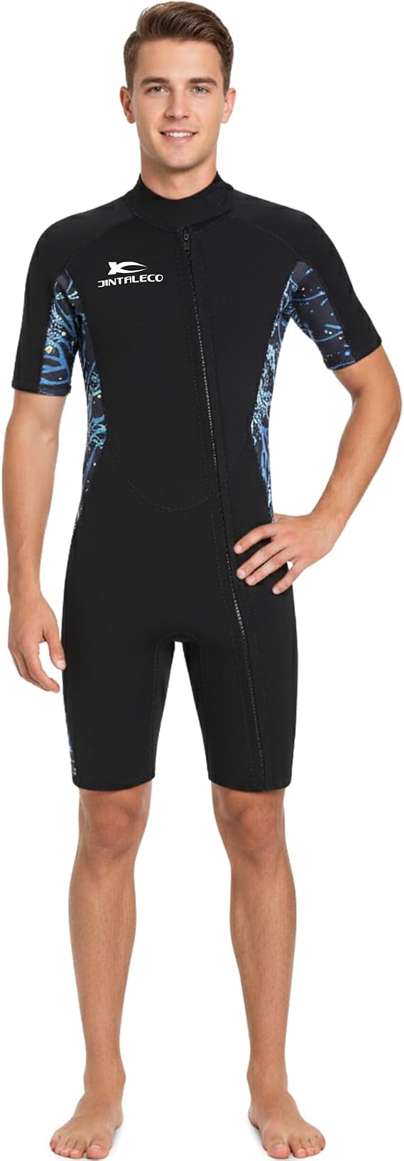 Mens Wetsuit, Front Zip Shorty Wetsuits for Men 3/2mm Neoprene Wetsuit with Short Sleeves for Swimming, Diving and Water Sports, Wetsuits for Temperature 12C & Above