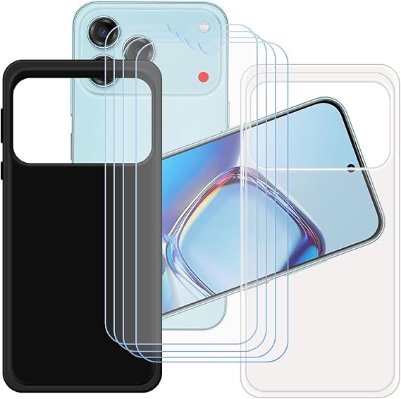 [2 Pack Black + Transparent Silicone Cover for Nubia V80 Design (6.75") + [4 Pack] HD Tempered Glass.