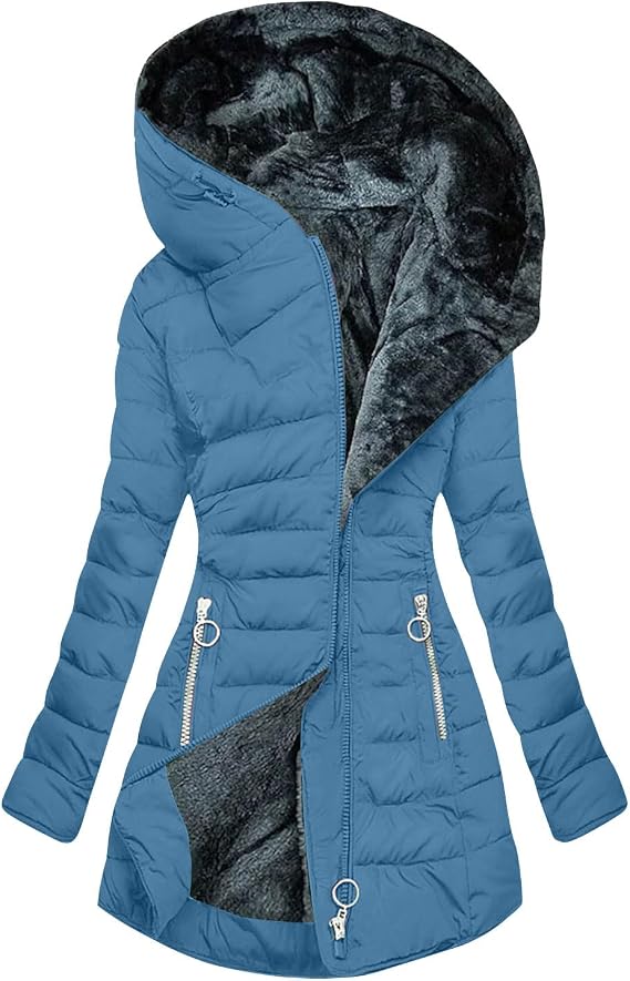Womens Winter Coats Fleece Lined Hooded Puffer Quilted Jacket Zip up Casual Thickened Sherpa Warm Windproof Outerwear