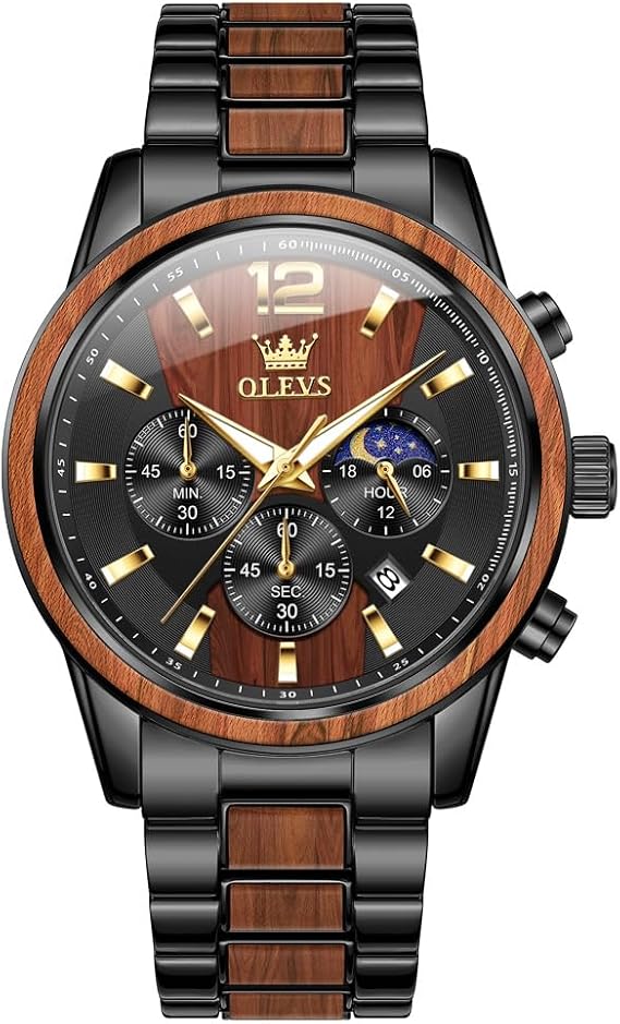 OLEVS Men's Watch Analogue Quartz Wooden Wristwatches Luxury Dress Chronograph Stainless Steel Waterproof Luminous Watches Men's Gift