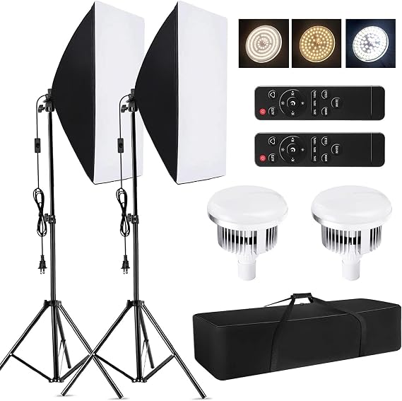 Studio Photography Light Kit Softbox Lighting Set 85W 2800K-5700K Dual Color Temperature LED Light * 2 + 50x70cm Softbox * 2 + 2M Light Stand * 2 + Remote Controller * 2 + Carry Bag * 1 Softbox Photo Lighting Kit for Studio Portrait Product Photo Video