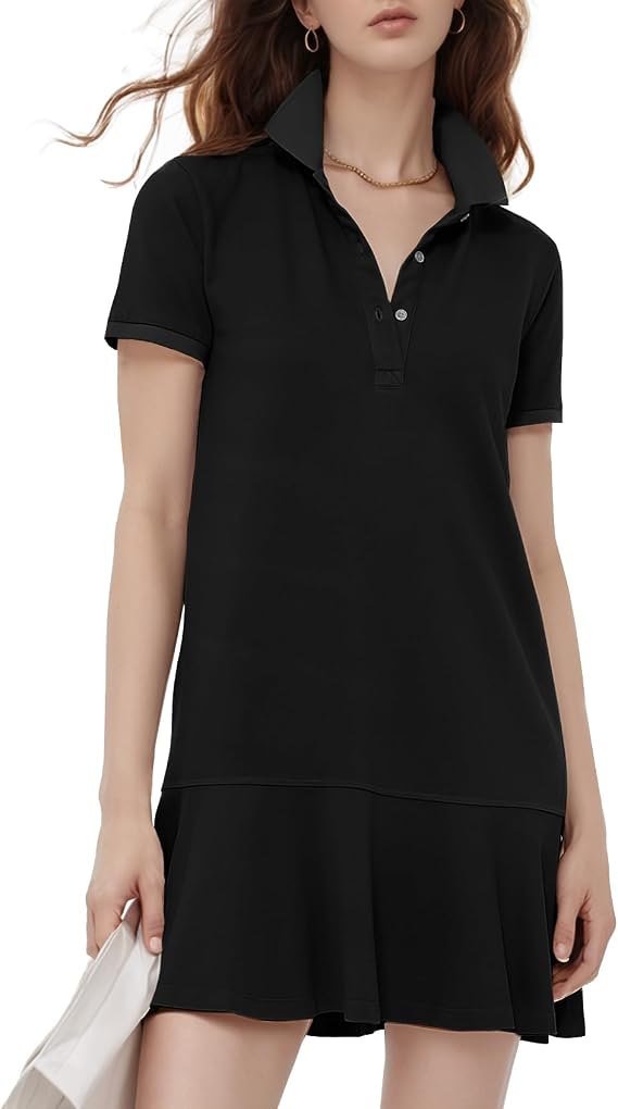 Flygo Womens Polo Dress Summer Short Sleeve Ruffle T Shirt Dress