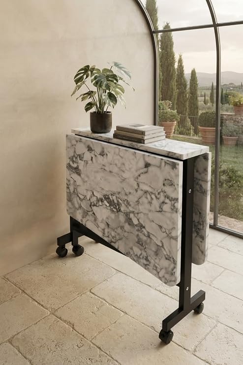 Çok Amaçlı Açılır Katlanır Ahşap Kelebek Masa Beyaz Mermer 60x120