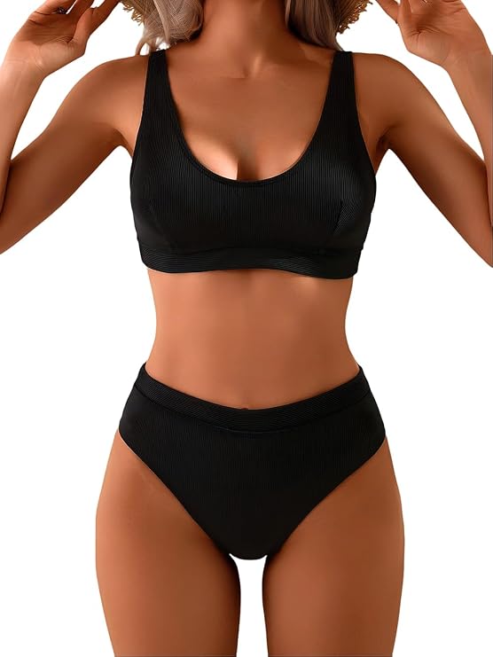 YIMISAN Women's Two Piece Swimsuits Sporty Tank Top Ribbed Bikini Sets High Cut High Waisted Bathing Suits Black