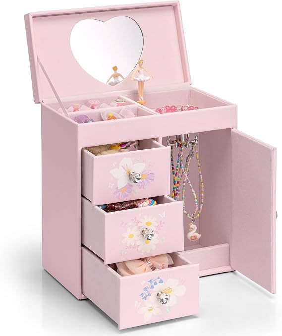 VLANDO 4 Layer Musical Jewelry Box, 3 Drawers Storage and Necklace Hook