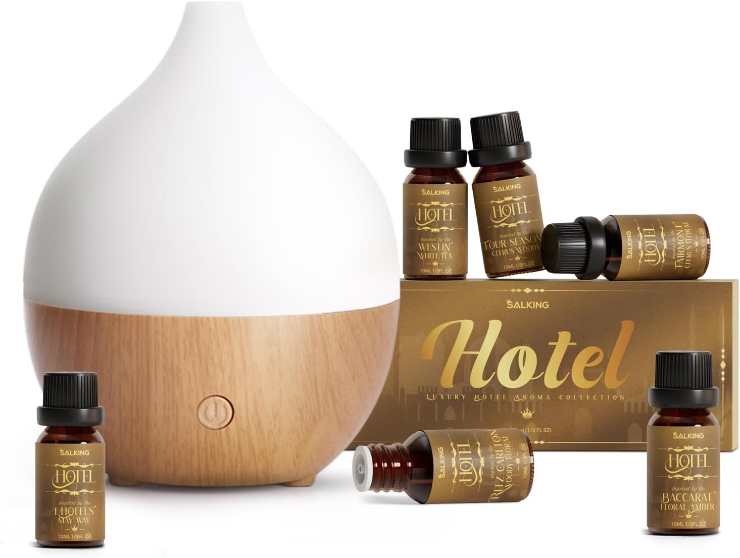 SALKING Essential Oil Diffuser with Luxury Hotel Fragrance Oil Set, 100ml Small Aromatherapy Diffuser, Ultrasonic Diffusers Cool Mist Humidifier, with Warm White Lights, for Office Home