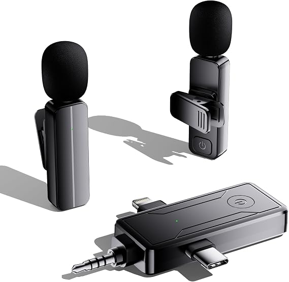 2-Pack Wireless Mini Lavalier Lapel Microphone for iPhone,Android Device(3 in 1) - 65ft Cordless Clip on Dual Mics with Noise Reduction 6H Working Time for Video Recording Vlogging, YouTube, Interview
