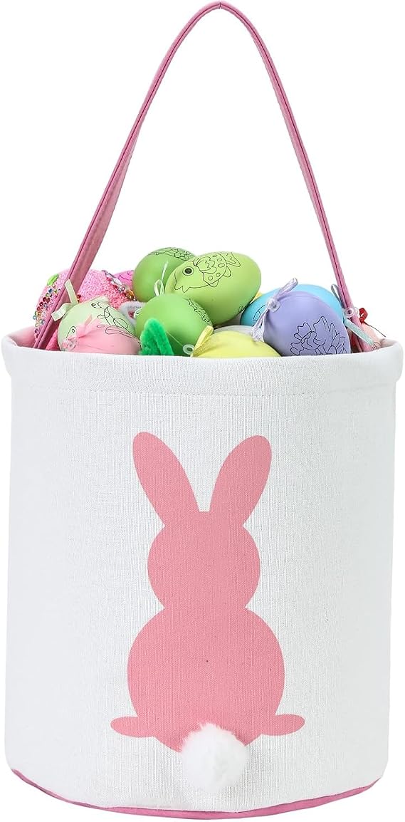 OneCut Easter Bunny Basket Bags, Easter Bunny Bags with Fluffy Tail, Easter Bunny Bags Children, Easter Basket Carry Bags, Easter Baskets for Kids Egg Hunt, Party Decoration, Toys (Pink)