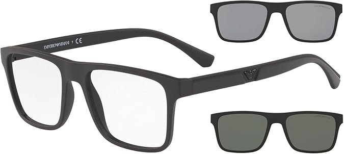 Emporio Armani Mens EA4115 Rectangular Eyewear Frames With Two Interchangeable Sun Clip-ons
