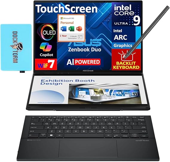 ASUS Zenbook Duo ux8406 AI 2-in-1 Laptop 14.0" Touch OLED 3K 120Hz Display | Intel Ultra 9-285H, 32GB LPDDR5X, 4TB SSD, Active Pen, Backlit KB, Win 11 Pro) w/DKZ USB Port Expander