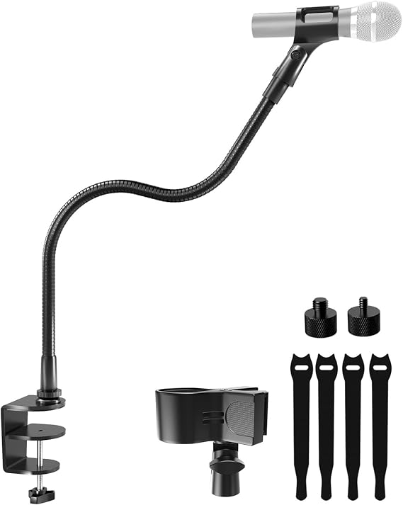19-inch Gooseneck Microphone Stand with Desk Clamp - High Weight Capacity & Flexible Gooseneck Arm with 2 Mic Holders, 1/4" & 3/8" Adapters, Ideal for Podium, Church, Lecture, Recording Studio