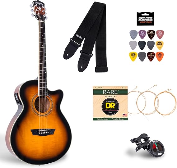 Washburn Festival EA15 Acoustic Electric Cutaway Guitar Bundle with Flame Maple Veneer Top, Includes Strap, Picks, Clip-On Tuner and Extra Set Of Strings (EA15ATB-BNDL)
