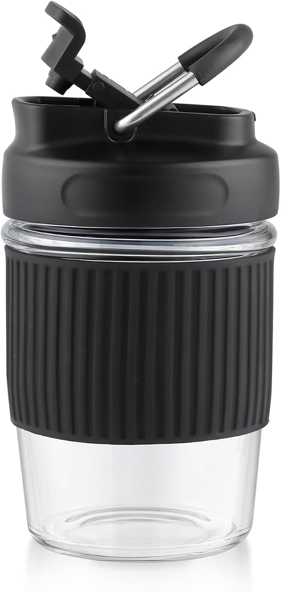Sivaphe Reusable Glass Ice Hot Coffee Cup 12 oz, Portable Travel Mug with Spill-Proof Lid and Thermal Sleeve for Home Office Black
