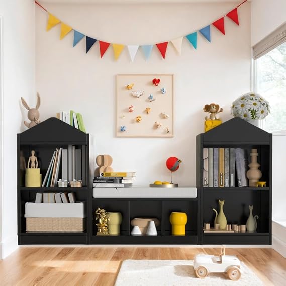 MHOM 68.9 Kids Bookshelf with Reading Nook, Toy Storage Organizer with Seat Cushion and 7 Storage Cubbies, Wooden Kids Bookcase, Toy Organizers for Nursery, Playroom, Black