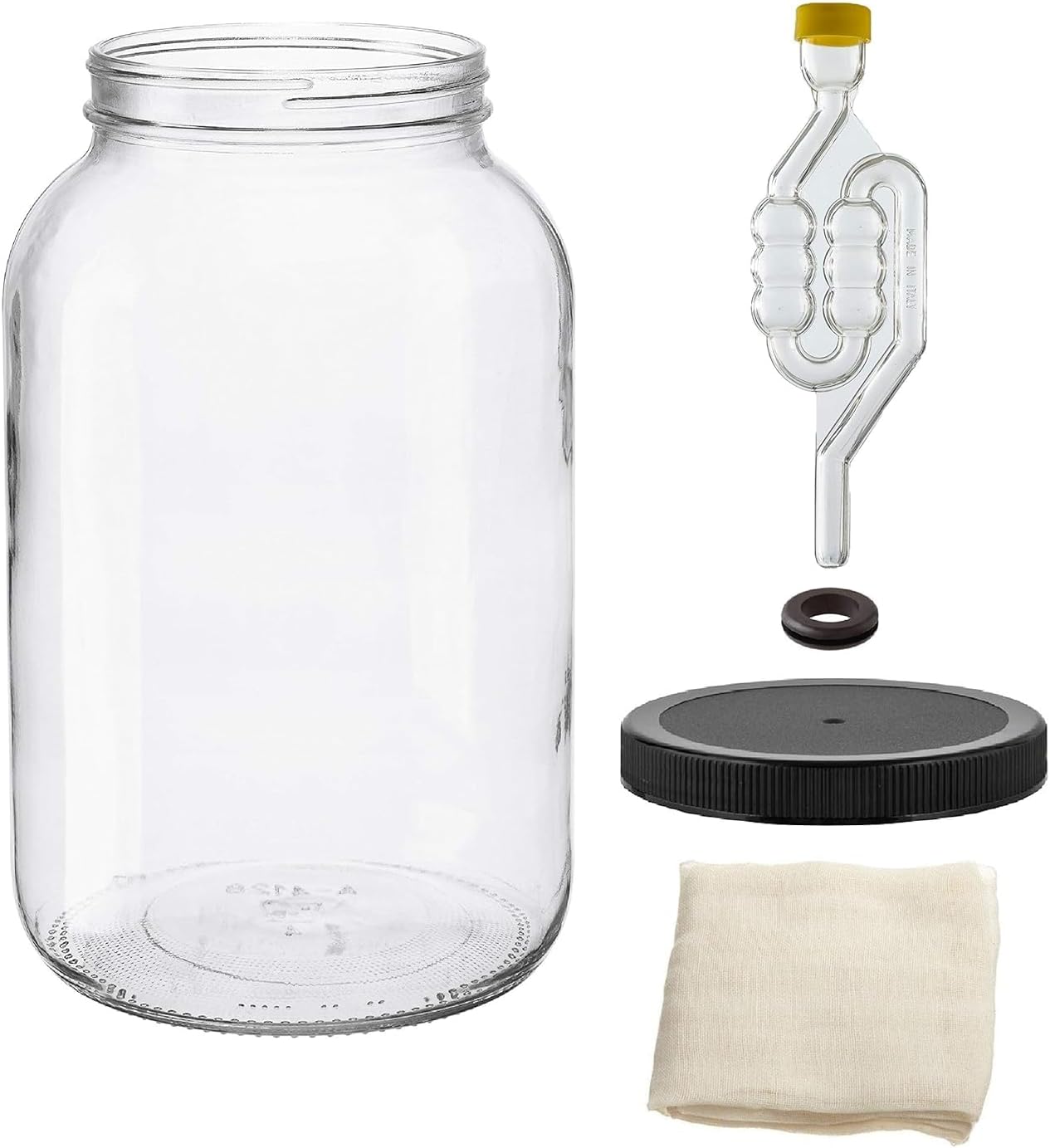 North Mountain Supply 1 Gallon Glass Wide Mouth Jar with Drilled Black Plastic Lids with 6 Bubble & Cheese Cloth - USDA Approved BPA Free Dishwasher Safe for Fermentation