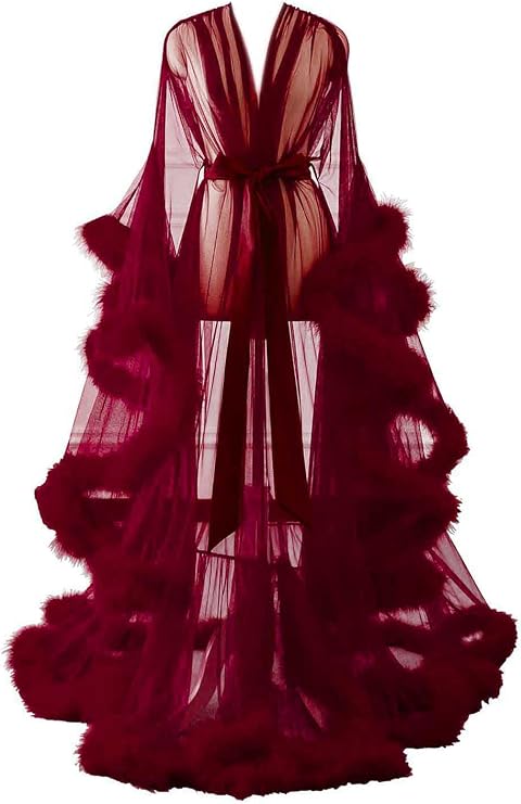 Changuan Sexy Feather Robe Long Fur Tulle Robe Sheer Lingerie Bridal Bathrobe Nightgown Maternity Photoshoot Sleepwear