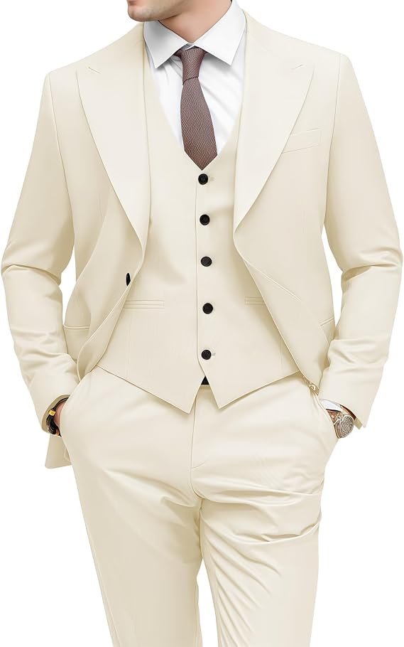 Mens 3 Piece Regular Fit Suit Set Wedding Suits One Button Peak Lapel Solid Blazer Single Breasted Vest Pants