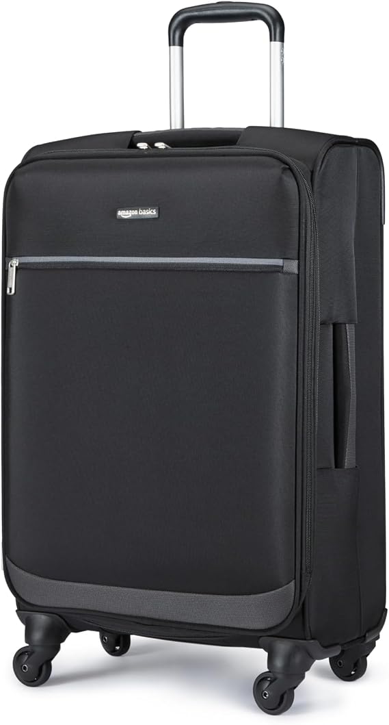 Amazon Basics 23" Medium Checked Softside Luggage Suitcase with Spinner Wheels, Expandable Space, Zippered Pockets, Telescopic Handle, Black