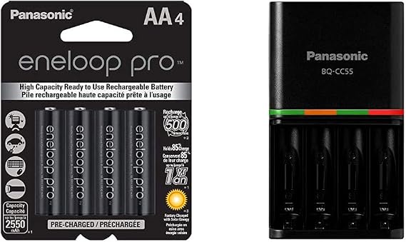 Eneloop Panasonic BK-3HCCA4BA pro AA High Capacity Ni-MH Pre-Charged Rechargeable Batteries, 4 Pack, Black & BQ-CC55KSBHA Advanced pro Rechargeable Battery 4 Hour Quick Charger, Black