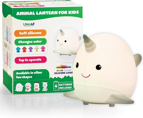 LitezAll Narwhal Squishable Color Changing Silicone Lantern | 35 Lumen LED Night Light for Kids | 4 Light Modes with 30-Minute Auto Timer | 3 AAA Batteries Included
