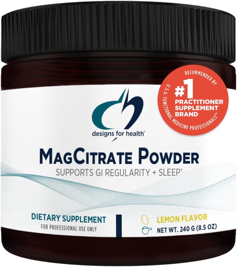 Designs for Health MagCitrate Powder - 300mg Powdered Magnesium Citrate to Support Calm  Regularity - Non-GMO, Gluten Free Delicious Drink Mix Add-in, Lemon Flavor 60 Servings  240g