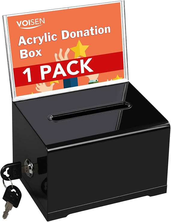 VOISEN Acrylic Donation Box with Lock, Black Tip Jar with Sign Holder