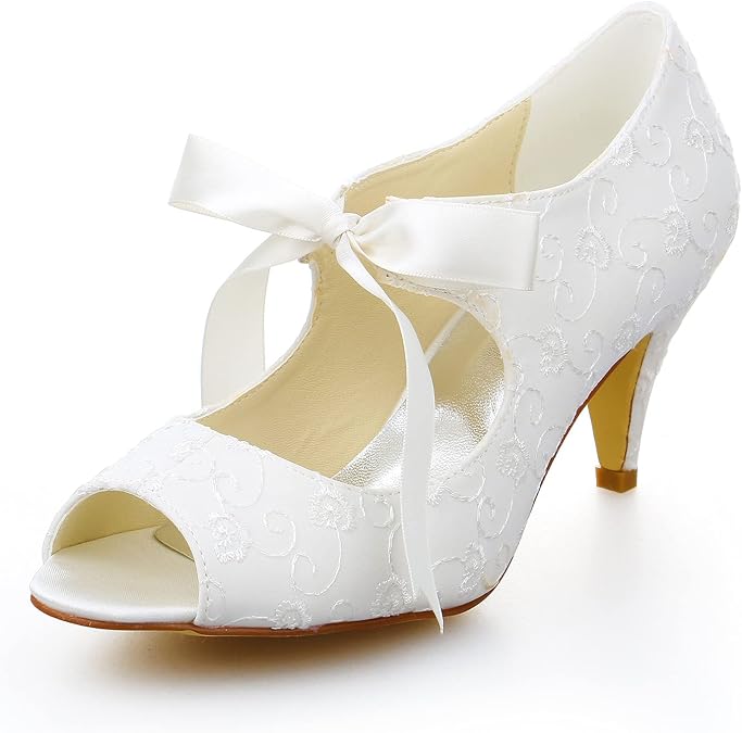 JIAJIA 5949416 Women's Bridal Shoes Peep Toe Mid Heel Satin Pumps Ribbon Tie Wedding Shoes