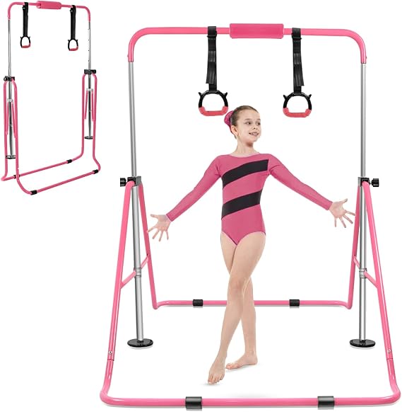 YEEGO DIRECT Gymnastics Bar for Girls Boys (A-G-E-S 3-10) with Rings, Folding Gymnastics Bars Horizontal Bar, Expandable for Home Training Gifts for Girls Boys