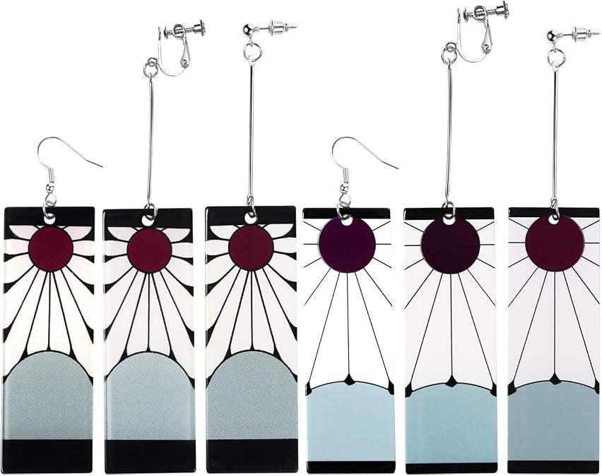 JewelryWe Men's Tanjiro Earring Set: 6Pcs Hanging Acrylic Alloy Resin Earrings Demon Slayer Anime Role Playing Comic Exhibition