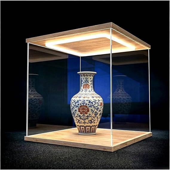 akrilik kutu LED Aydınlatmalı İstiflenebilir Akrilik Vitrin, Yüksek Şeffaflık Saklama Dolabı, Ahşap Tabanlı Toz Geçirmez Vitrin Kutusu(20x20x20cm(8x8x8in))