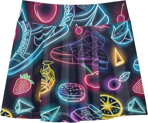Tennis Skort for Girls Athletic Active Skirt with Shorts Flowy Dance Skorts Cartoon Neon Fruits Shoes