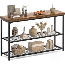 Besiost 47" Console Table, 3-Tier Entryway Table, Sofa Table with Mesh Shelves, Console Tables for Living Room, Bedroom, Hallway, Entryway, Foyer, Rustic Brown