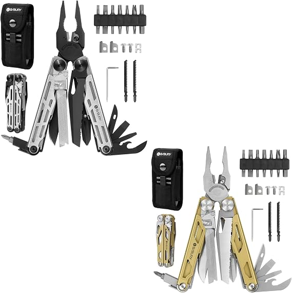 BIBURY Multitool Pliers Pro BI2045 Black + Gold, Foldable Multitools With Replaceable Wire Cutters and Upgraded Scissors, T-Shank Interchangeable Tools, Ideal for Camping Fishing Survial