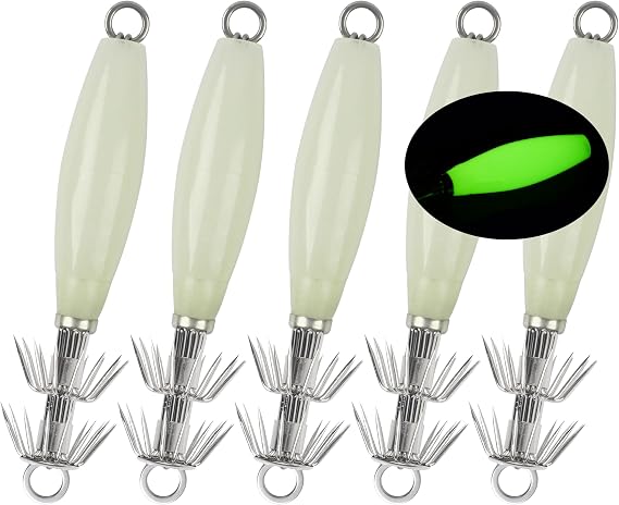 OROOTL Squid Jigs Saltwater Fishing Lures, 5/10pcs Glow Squid Jig Hooks Luminous Cuttlefish Sleeve Octopus Jig Baits Night Fishing Octopus Lures Set with Tackle Box