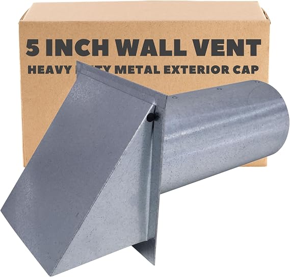 5 Inch Wall Vent Cap - Galvanized Steel - Damper Only - Heavy Duty Hooded Metal Caps for Exterior Side Wall Exhaust - Spring Loaded Backdraft Damper by Vent Works