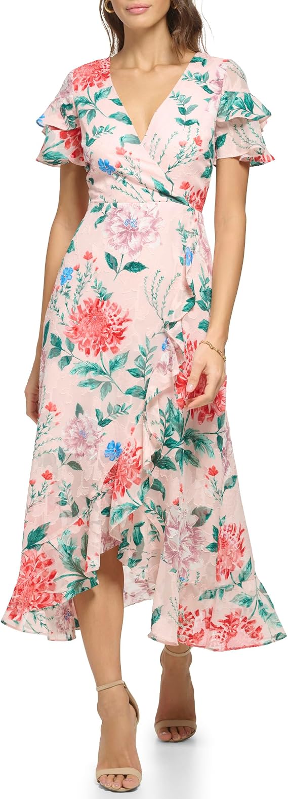 Kensie Womens Short Flutter Sleeve Faux Wrap Midi Dress