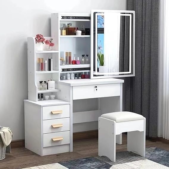 Vanity Desk with LED Lights Mirror,Makeup Vanity Table Set with Storage Drawers & Chair & Shelves,3 Lighting Modes & Adjustable Brightness,Dressing Table for Women Girls Bedroom Dressing Room (White)