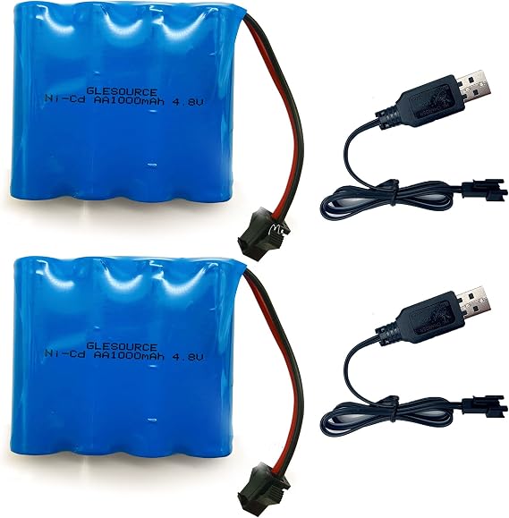 GLESOURCE(2-Pack 4.8V 1000mAh Ni-CD Battery Pack, AA700mAH Replacement for 1/18 RC Truck Car, Rock Off-Road, Four Wheels Race Car, SM-2P Plug with (2PCS) USB Charging Cable