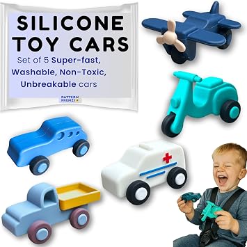 Silicone Toy Cars for Kids Ages 3+ Soft, Safe Non-Toxic Silicone Cars with Smooth Rolling Wheels, Quiet Play, Push and Go Car Toys, Food Grade Silicone Toys, No Hole Bath Toy Mold Free, 5 Pack Set