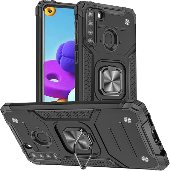 HNHYGETE for Galaxy A21 Phone Case with Screen Protector, Military Grade 360 Rotatable Kickstand Shockproof Protective Cases for - Samsung Galaxy A21 Phone Case (Black)