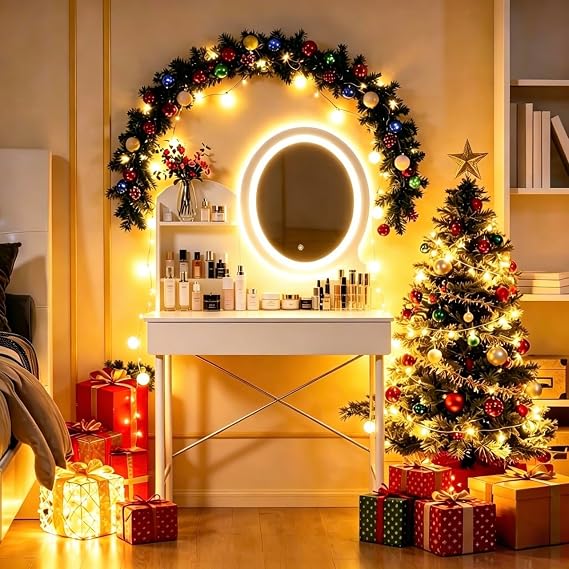 Vanity Desk with Mirror and LED Lights, 3 Color Lighting Modes with Adjustable Brightness, Modern Vanity Makeup Table with 1 Drawers & 2 Opening Shelves, Dressing Table for Bedroom White