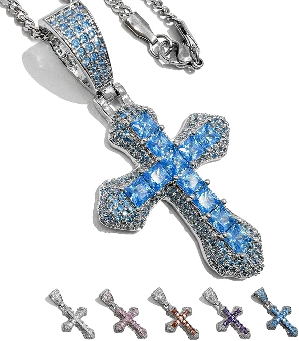Crystal Zircon Rhinestone Cross Stainless Steel Silver Necklace