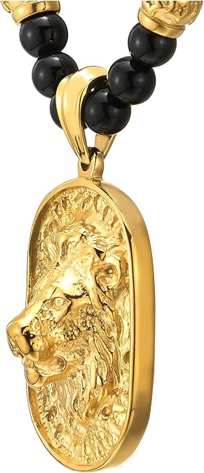 COOLSTEELANDBEYOND Gothic Style Mens Beads Necklace with Stainless Steel Lion Head Shield Pendant