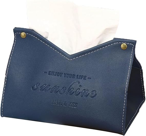 Rectangular PU Leather Tissue Box Cover, Modern Decorative Faux Tissue Container, Blue