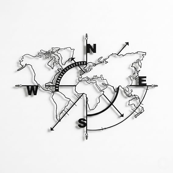 DEKADRON Metal World Map Wall Art Compass, World Map Without Borders, Metal Wall Decor, Metal Sign, Wall Hangings (39" W x 30" H / 98x75 cm)
