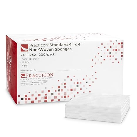 Practicon Standard 4X4 Non-Woven Gauze Sponges, Lint Free 4-Ply Gauze Pads, Non-Sterile, All Purpose for Dental, Medical, First Aid, Cleaning, Wound Care & Dressing, 1 Pack of 200 Sponges