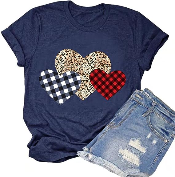 YourTops Women Buffalo Plaid & Leopard Heart T-Shirt